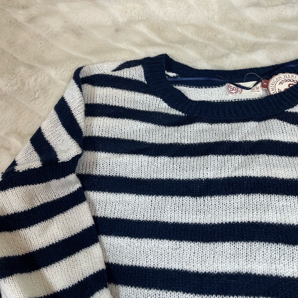 NWT SO Juniors M White Navy Blue Stripe Boxy School Semi Sheer Sweater Preppy
